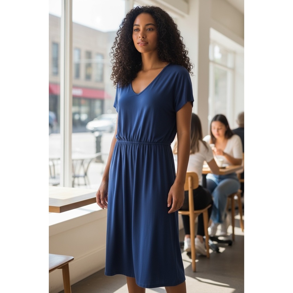 MODCLOTH Navy Blue V Neck Short Sleeve Elastic Waist Midi Dress Size Small